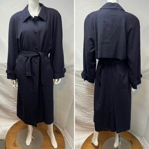 Vintage Liz Claiborne Women’s 10 Navy Wool Long Belted Trench Coat Jacket Y2K